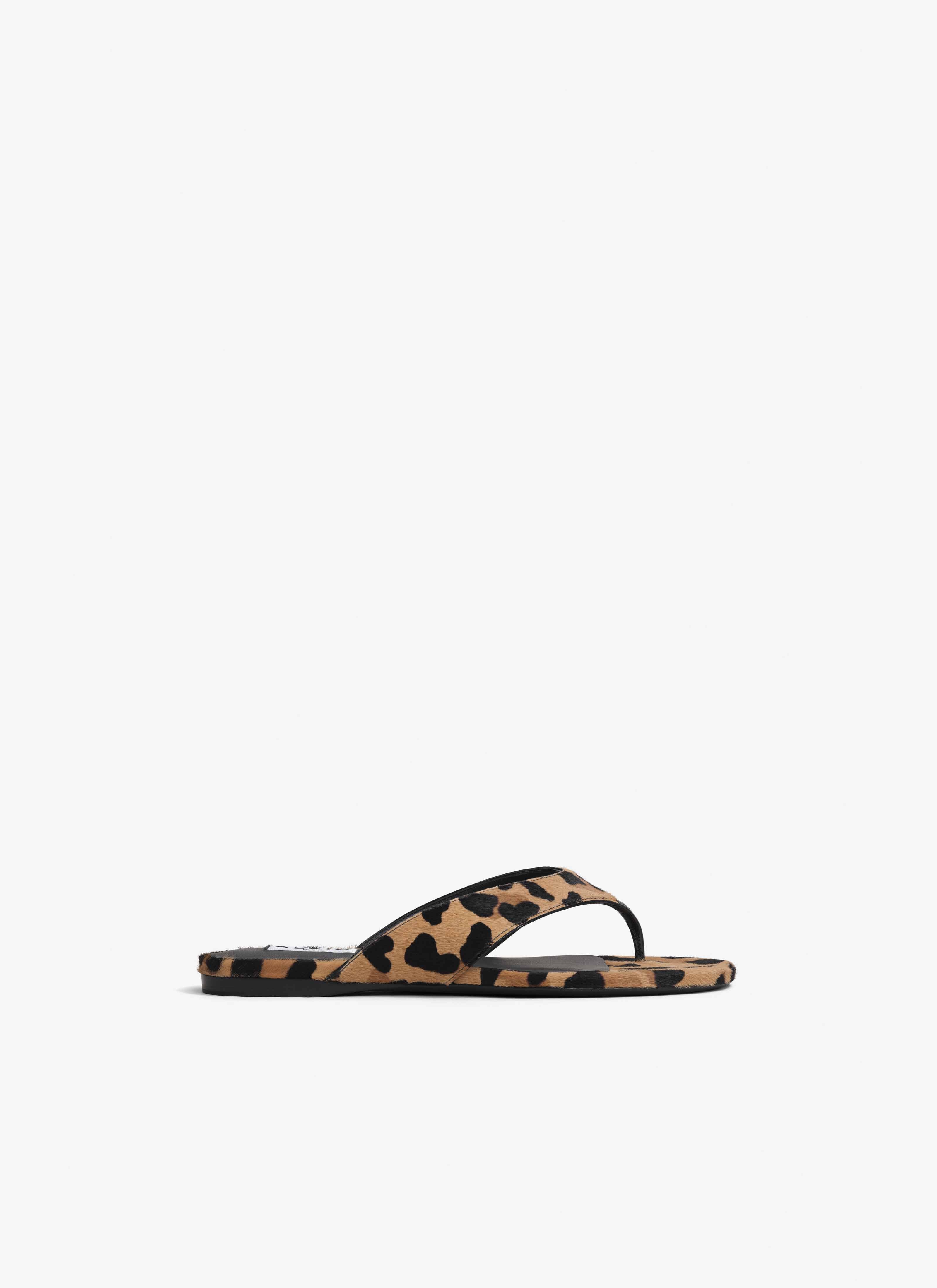 Brown Infradito Flat Mules in Leopard Haircalf
