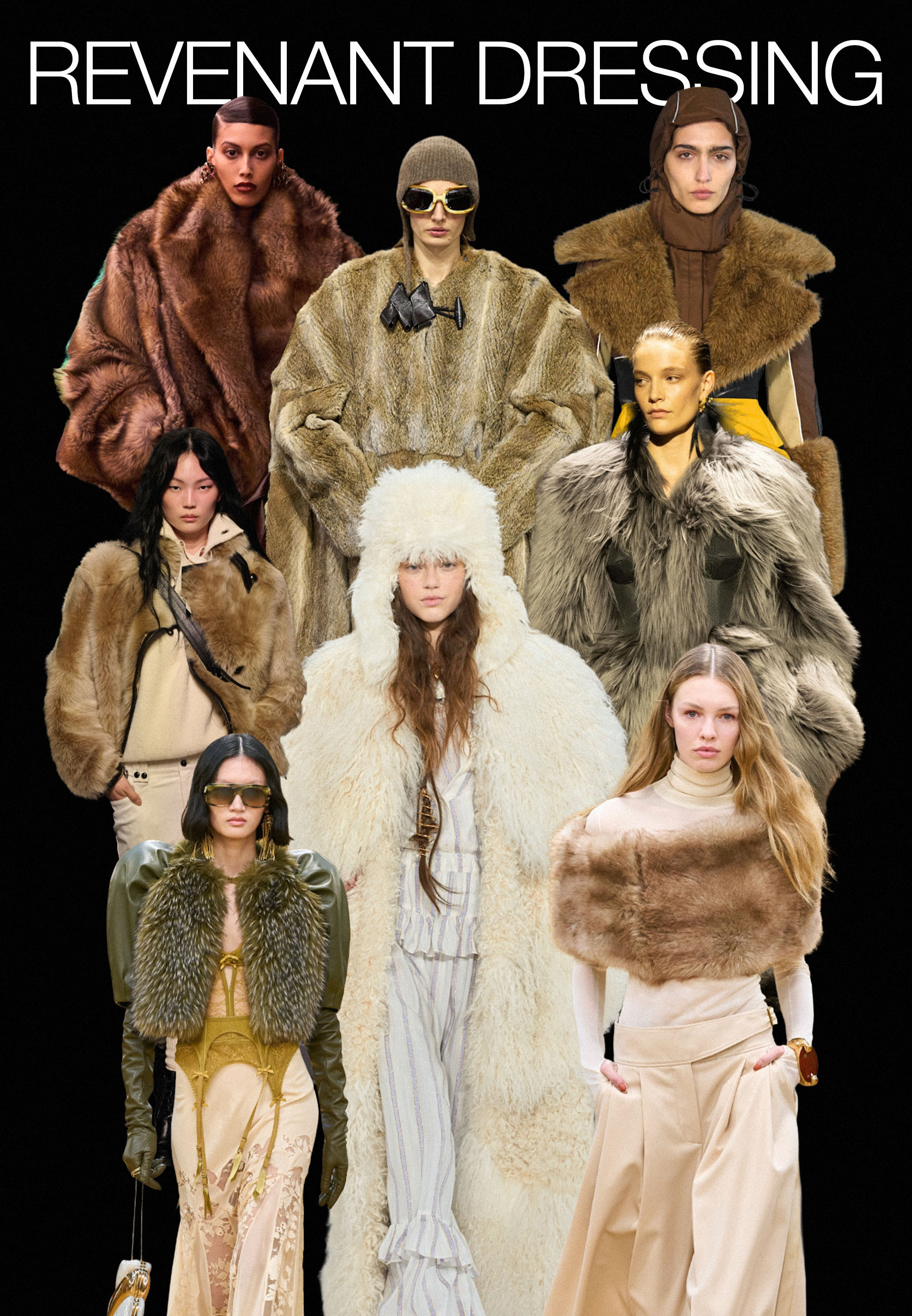 Collage of models on the autumn/winter 2026 runways at Saint Laurent, Stella McCartney, Louis Vuitton, Zimmerman, Isabel Marant wearing fur outerwear.