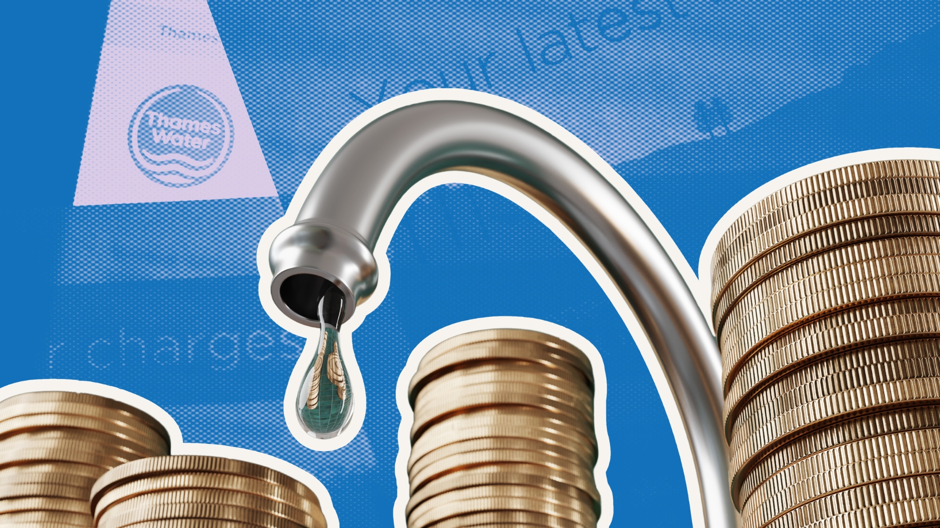 Water bills to rise concept with tap sink and coins