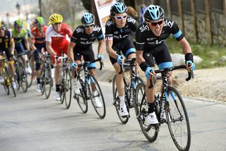 Peter Kennaugh, Geraint Thomas and Richie Porte at full throttle on the final climb of Stage 1 of the 2014 Ruta del Sol