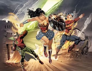 Illustration of Green Lantern, Wonder Woman and The Flash running towards the viewer