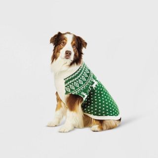A dog wearing a green fair isle sweater with a cream underside, for Christmas sweaters for dogs.