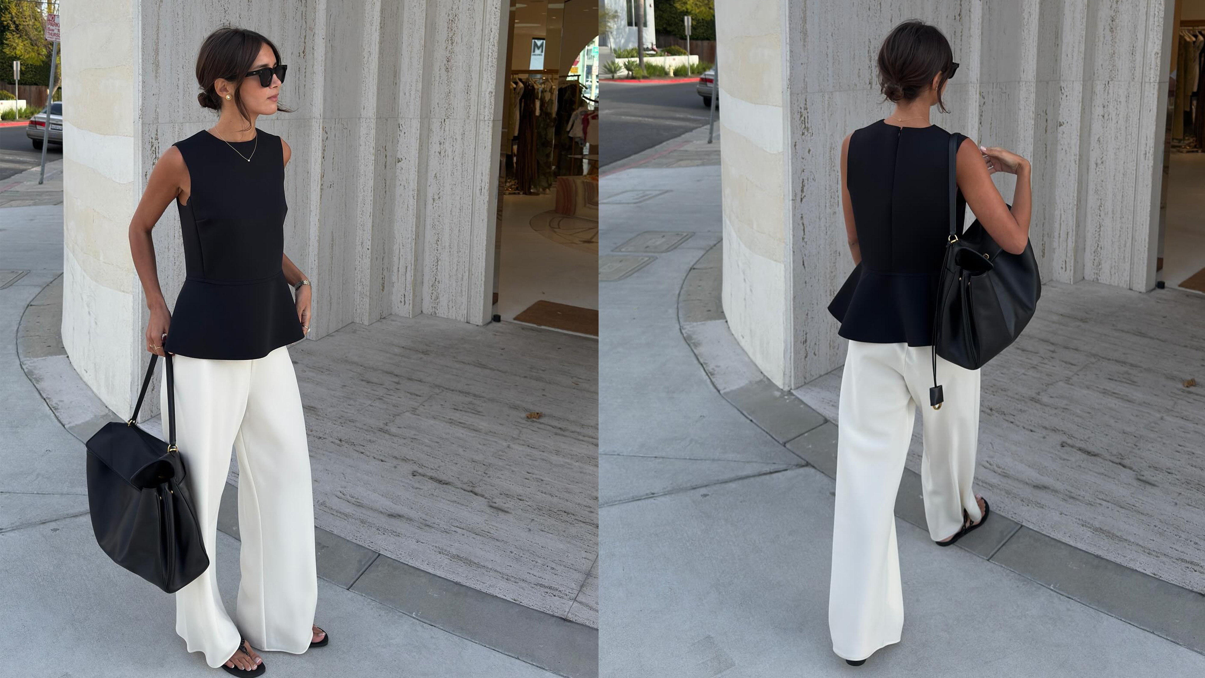 A woman wears a black top, white wide-leg pants, black flats, and a black handbag.