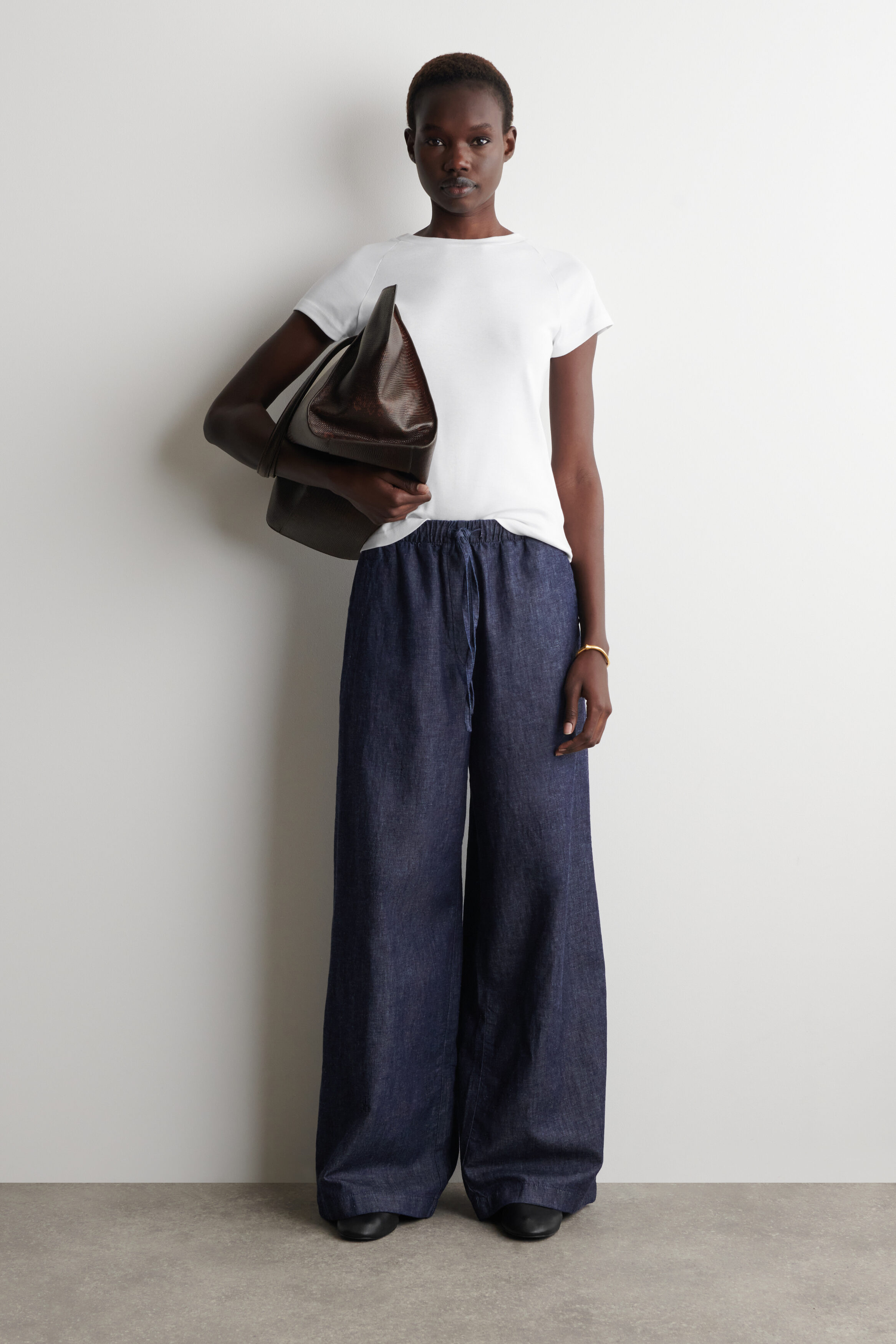Denim Wide-Leg Drawstring Trousers