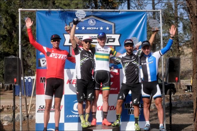 Dan McConnell (Trek Factory Racing) atop the elite men's podium at the Fontana race for round 3 of the USA Cycling US Cup Series