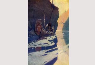 image of a man in a boat by a rock by NC Wyeth