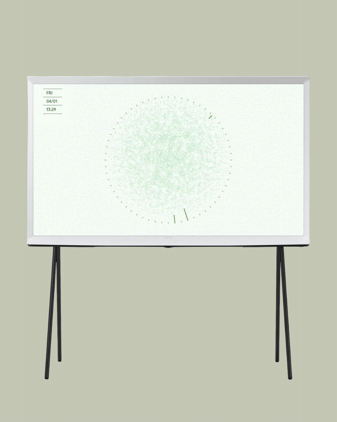 A Smart Tv, seen in a rotating gif showcasing it in a green-painted empty room and as a product.