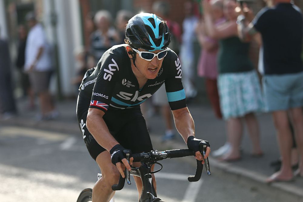 Solo breakaway rider Geraint Thomas (Team Sky) tries to get to the finish line ahead of the sprinters