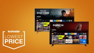 Insignia Fire TV on an orange background next to techradar deals lowest price badge