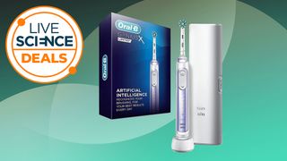 The Oral B Genius X Limited electric toothbrush on a Live Science deals backdrop