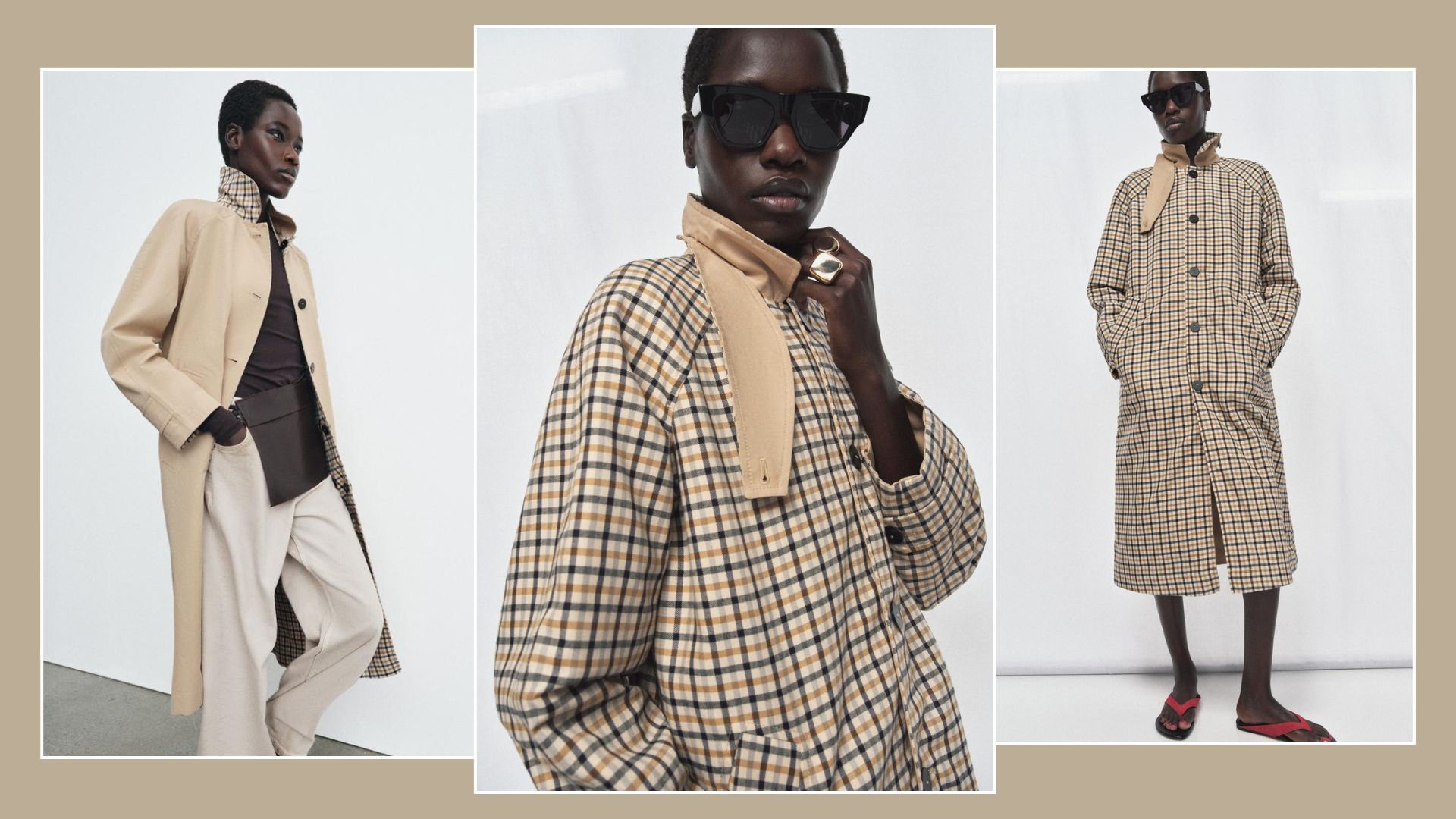 Model wears reversible trench coat from zara