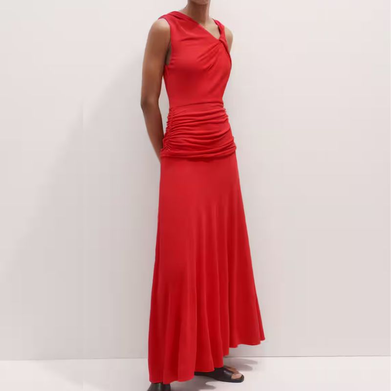 red ruched dress