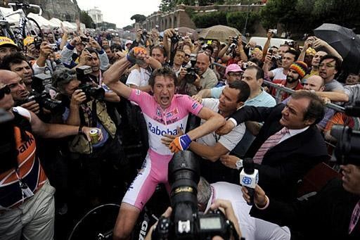 Denis Menchov (Rabobank) is overcome with emotion after the final stage, having won the Giro d'Italia despite crashing in the time trial.