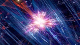 Colorful fission of particle in collider, computer generated abstract background, 3D rendering. 