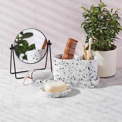 tray set with soap and toothbrush with mirror