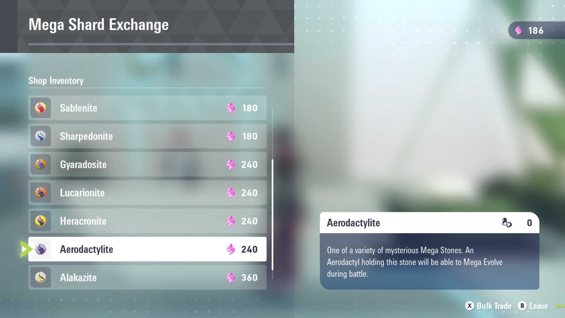 The Mega Stones vendor list, with Aerodactylite highlighted