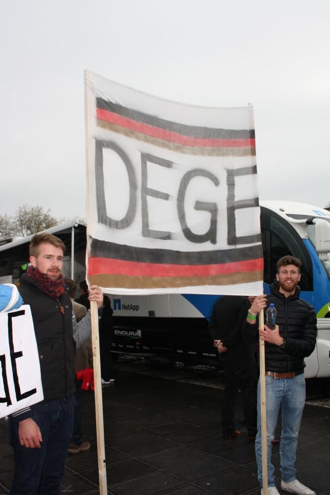 Some John Degenkolb fans wait for their hero outside the Giant-Shimano bus