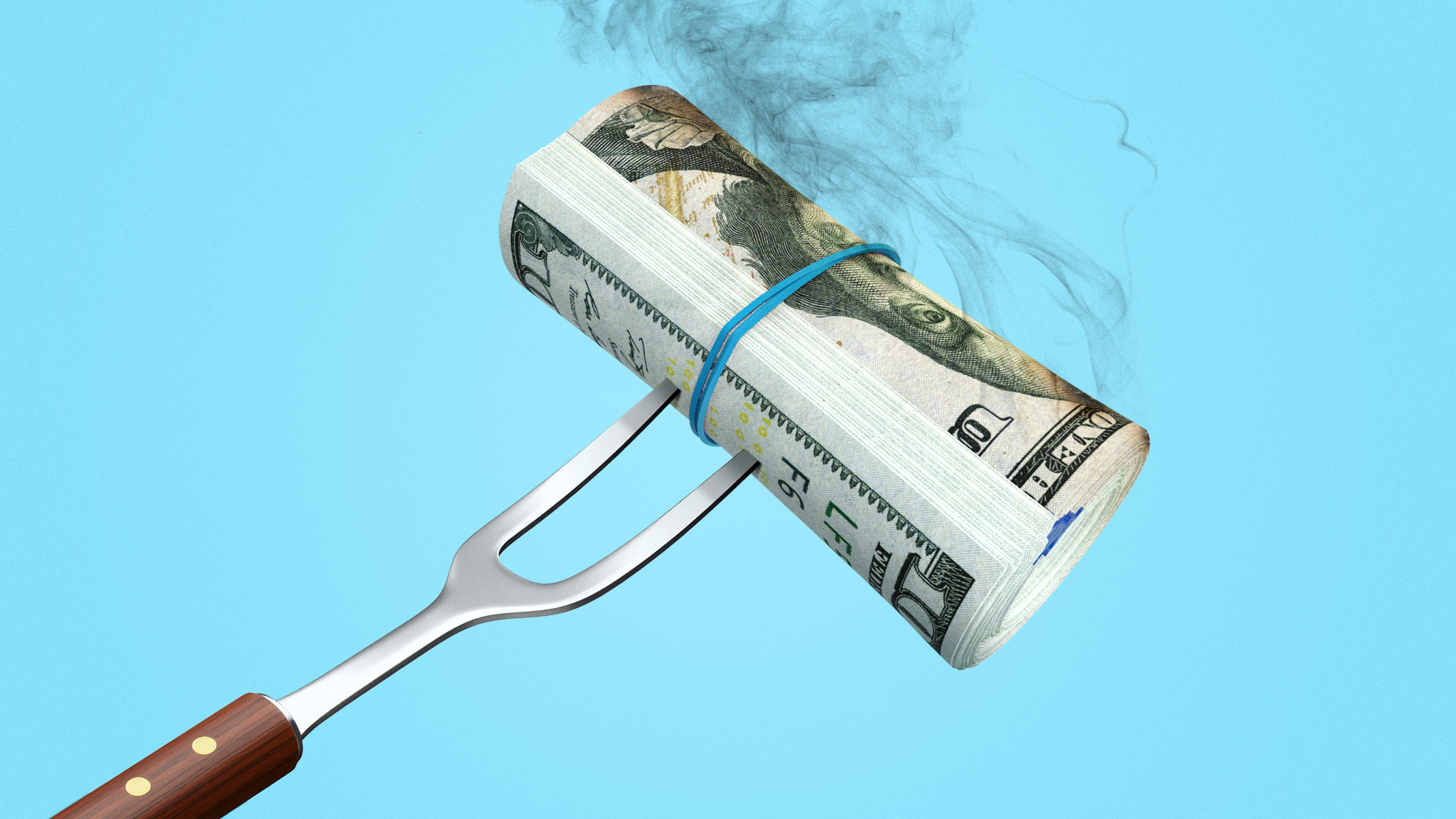 Illustration of a scorched money roll on a fork