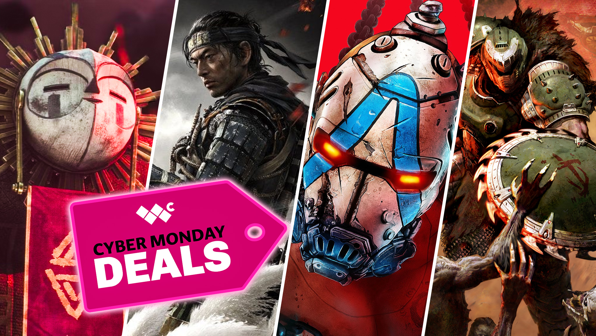 Screenshots from Clair Obscur: Expedition 33, Ghost of Tsushima, Borderlands 4, and Doom: The Dark Ages. A pink coupon graphic in the bottom left says, "Cyber Monday Deals."