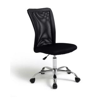 A black mesh office chair with silver legs