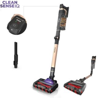 Shark Stratos Cordless Vacuum square image with cut outs of vacuum cleaner and attachments