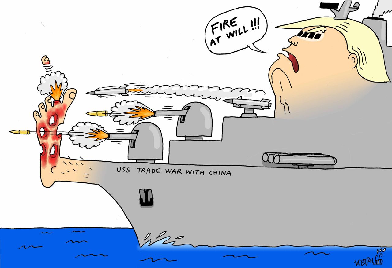 Political cartoon U.S. Trump trade war China ship