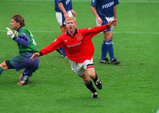 Paul Scholes celebrates a goal for Manchester United against Ipswich Town in 1994.