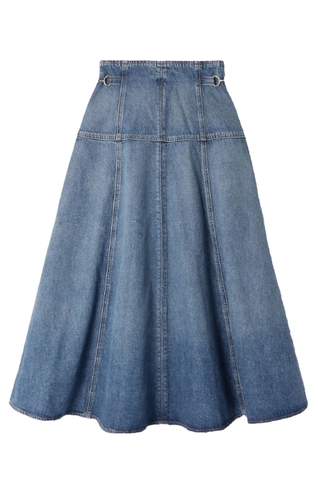 The Brigette Embellished Paneled Denim Midi Skirt