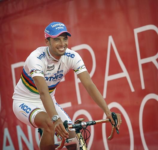 Alessandro Ballan rides on stage at the presentation.