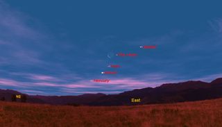 This sky map of the pre-dawn sky shows the Memorial Day alignment of four planets near the moon on Memorial Day weekend, Monday, May 30, 2011 at 5:30 a.m. local time in the United States.