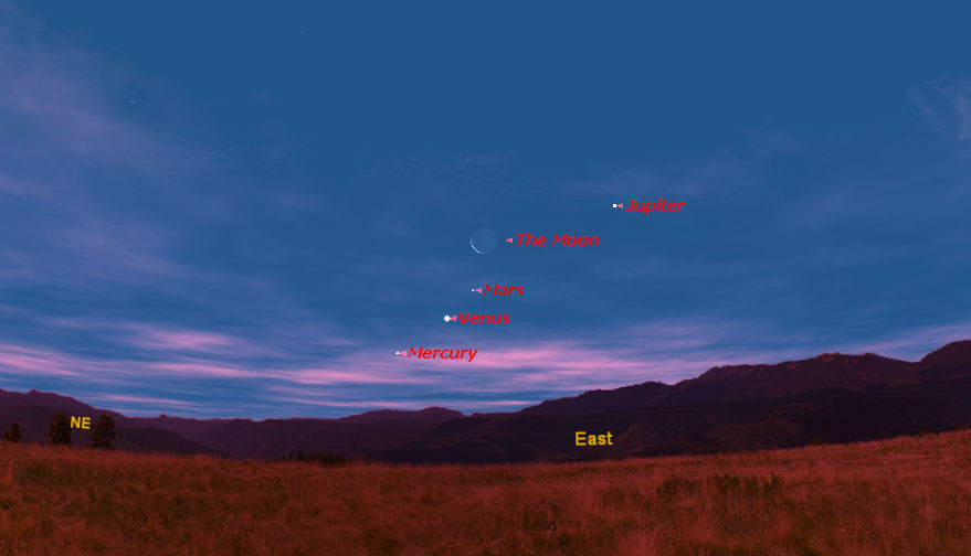 This sky map of the pre-dawn sky shows the Memorial Day alignment of four planets near the moon on Memorial Day weekend, Monday, May 30, 2011 at 5:30 a.m. local time in the United States.