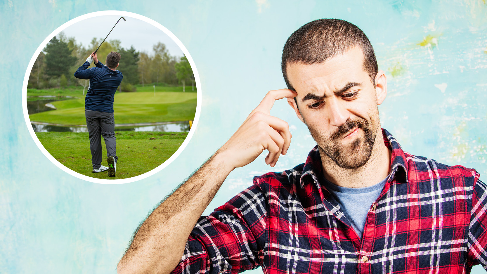 A man thinking and scratching his head, with a golfer hitting a shot