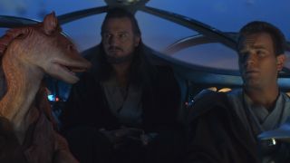 Jar Jar, Qui-Gon and Obi-Wan in a Gungan boat