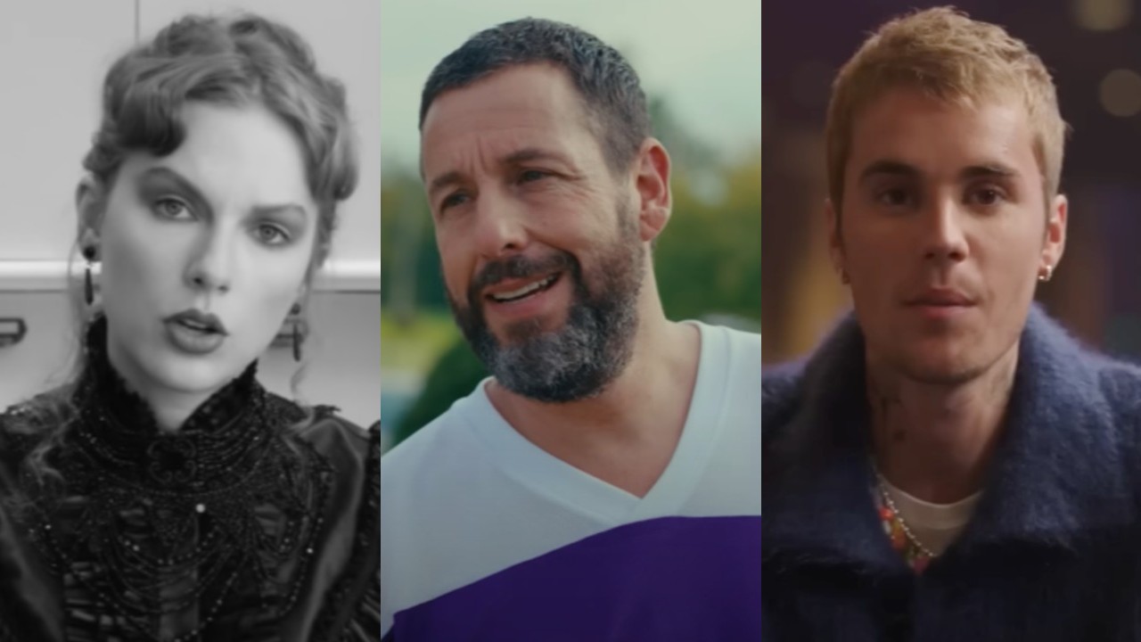 From left to right: Taylor Swift in the &quot;Fortnight&quot; music video, Adam Sandler in Happy Gilmore 2 and Justin Bieber in The Making of “Our World.&quot;