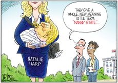 Natalie Harp holds a baby Donald Trump, swaddled in a blanket, as an onlooker says, "They give a whole new meaning to the term 'Nanny State.'