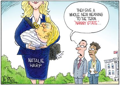 Natalie Harp holds a baby Donald Trump, swaddled in a blanket, as an onlooker says, "They give a whole new meaning to the term 'Nanny State.'
