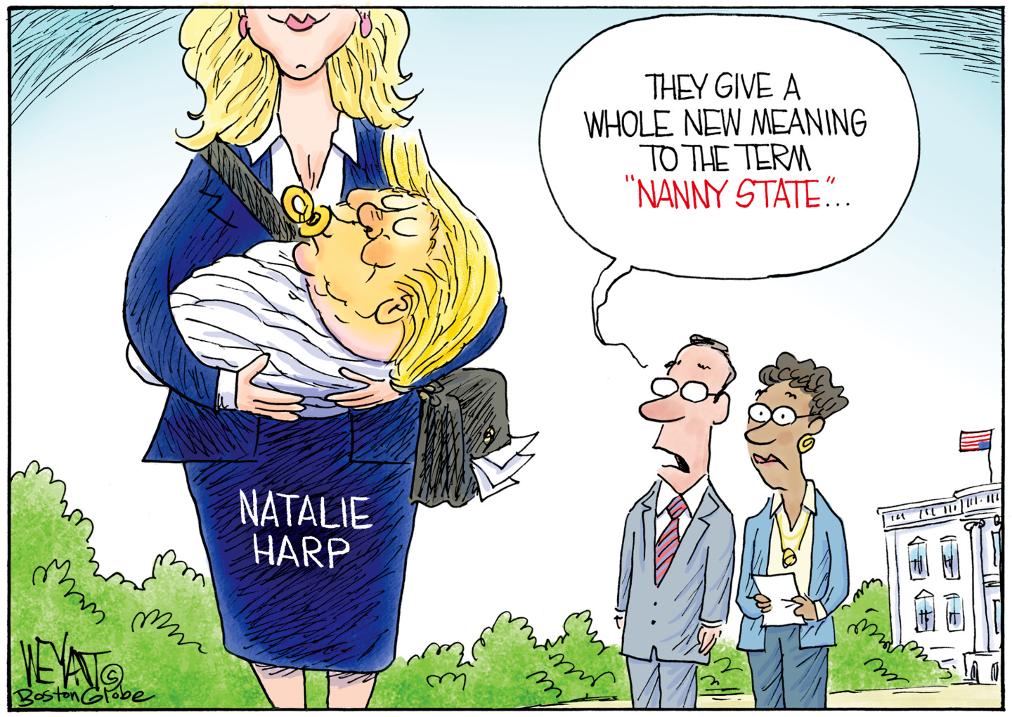 Natalie Harp holds a baby Donald Trump, swaddled in a blanket, as an onlooker says, "They give a whole new meaning to the term 'Nanny State.'