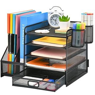 A Marbrasse black metal mesh desk organizer with filing cabinets, a 5 tier mail rack with drawer, 2 pen holders, a mesh desk organizer and a storage area with magazine rack.