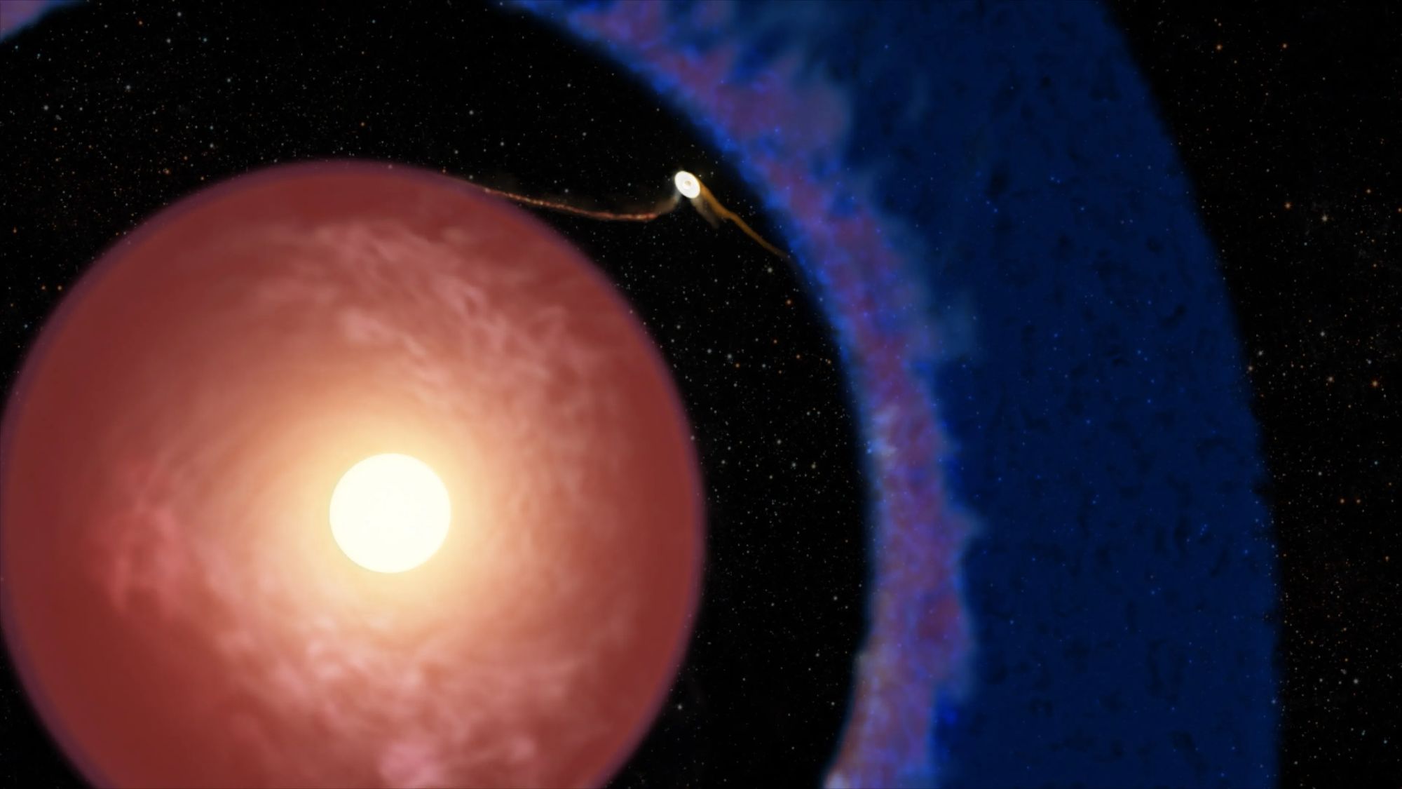 An illustration of a star surrounded by a debris disk. Between the disk and an outer part of the disk, there is a small circle.