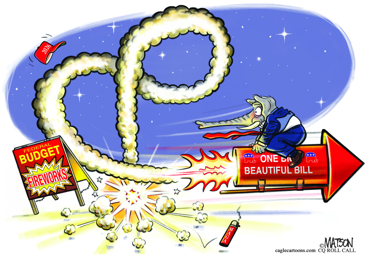 In this cartoon, a frightened-looking elephant in a suit is riding a firework rocket named “One Big Beautiful bill.” The rocket trails a long plume of smoke that is twisted in circles, showing it has gone on a long, harrowing journey.