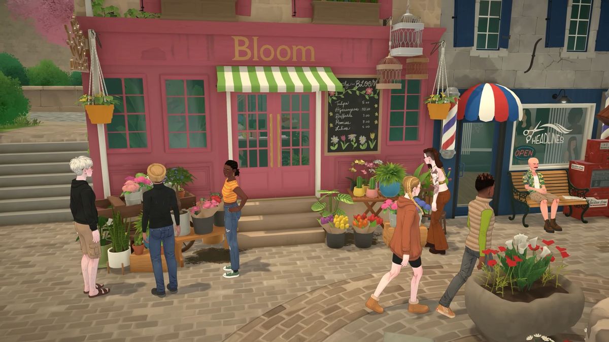 NPCs walking around a quaint little town on a sunny day in Paralives