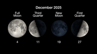 A NASA graphic showcasing the four major moon phases for December 2025 lined up in a row against a black background. The full moon is on the left labelled with the date Dec. 4, the half-lit third quarter moon is on its right for Dec. 11, the new moon is next with the date Dec. 19, while the first quarter moon is on the right for Dec. 27.