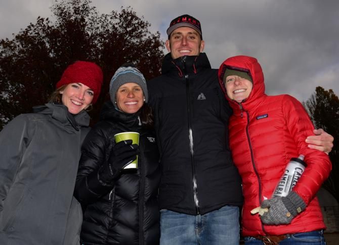 Carolina Gomez, Katerina Nash, Ryan Trebon, and Maghalie Rochette were dressed for the early winter weather