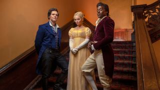 Jonathan Groff, Ruby Sunday (Millie Gibson) and the Doctor (Ncuti Gatwa) in period costume for Doctor Who season 14