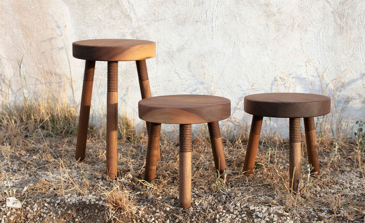 3 three-legged wooden stools