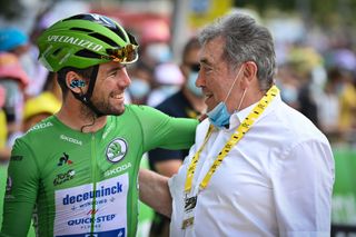 British Mark Cavendish of Deceuninck QuickStep wearing the green jersey and Former Belgian cyclist Eddy Merckx at the start of stage 19 of the 108th edition of the Tour de France cycling race from Mourenx to Libourne 207 km in France Friday 16 July 2021 This years Tour de France takes place from 26 June to 18 July 2021 BELGA PHOTO DAVID STOCKMAN Photo by DAVID STOCKMANBELGA MAGAFP via Getty Images