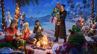 Fortnite characters gather around a fire in the snow. Presents, and Christmas lights decorate the island