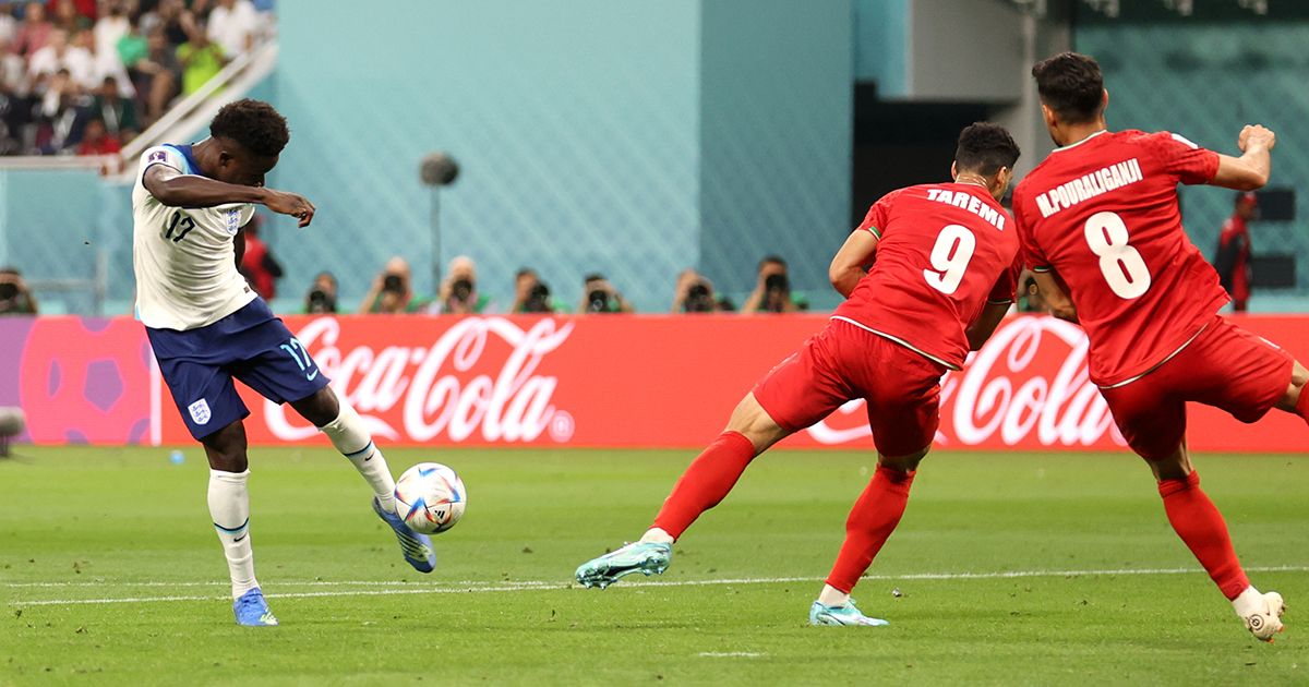 Bukayo Saka and Raheem Sterling score stunning volleys for England at World Cup 2022: Bukayo Saka of England scores their team&#039;s second goal during the FIFA World Cup Qatar 2022 Group B match between England and IR Iran at Khalifa International Stadium on November 21, 2022 in Doha, Qatar. 