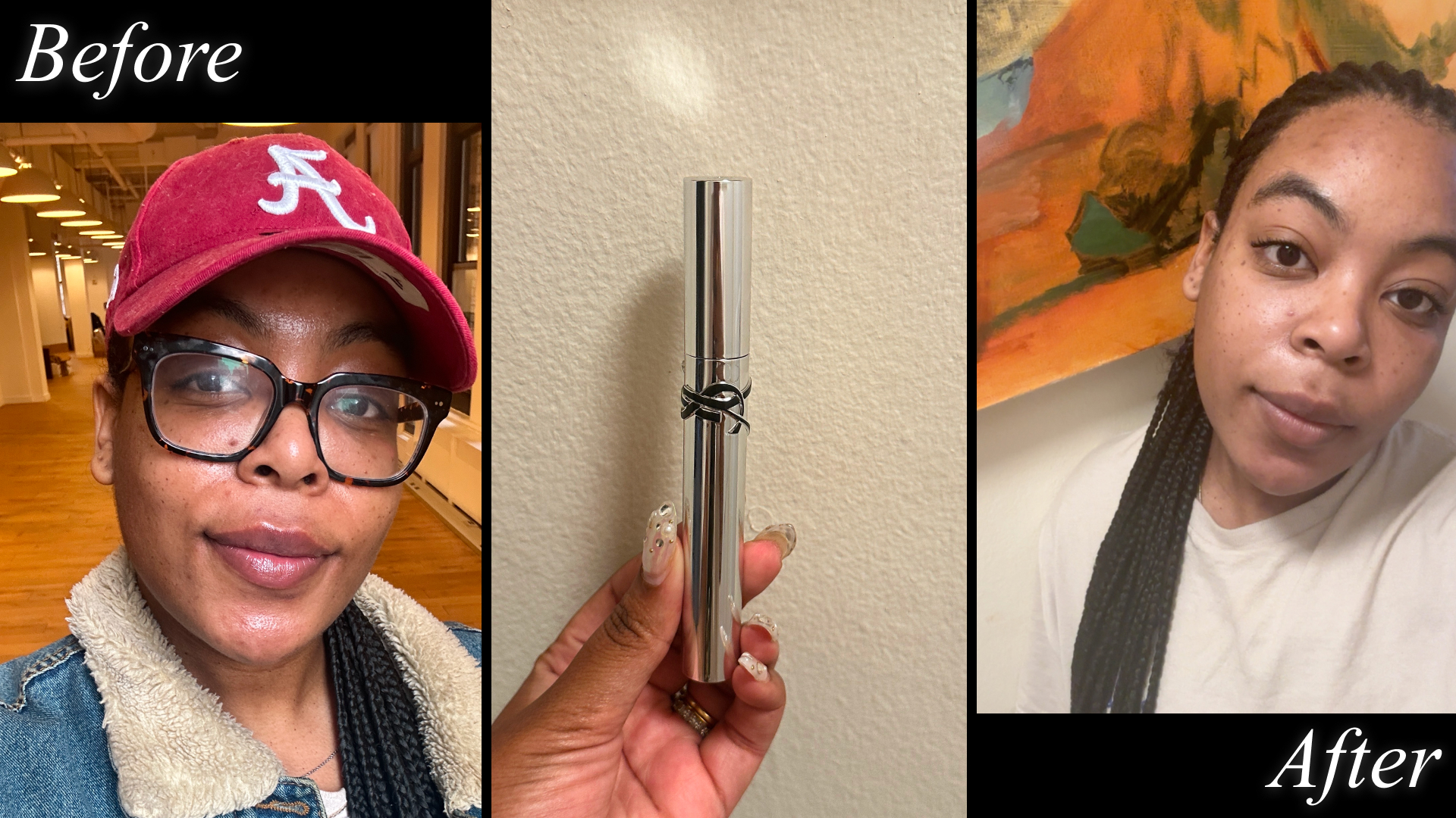 Ariel Baker before and after testing the YSL Lash Latex Mascara.