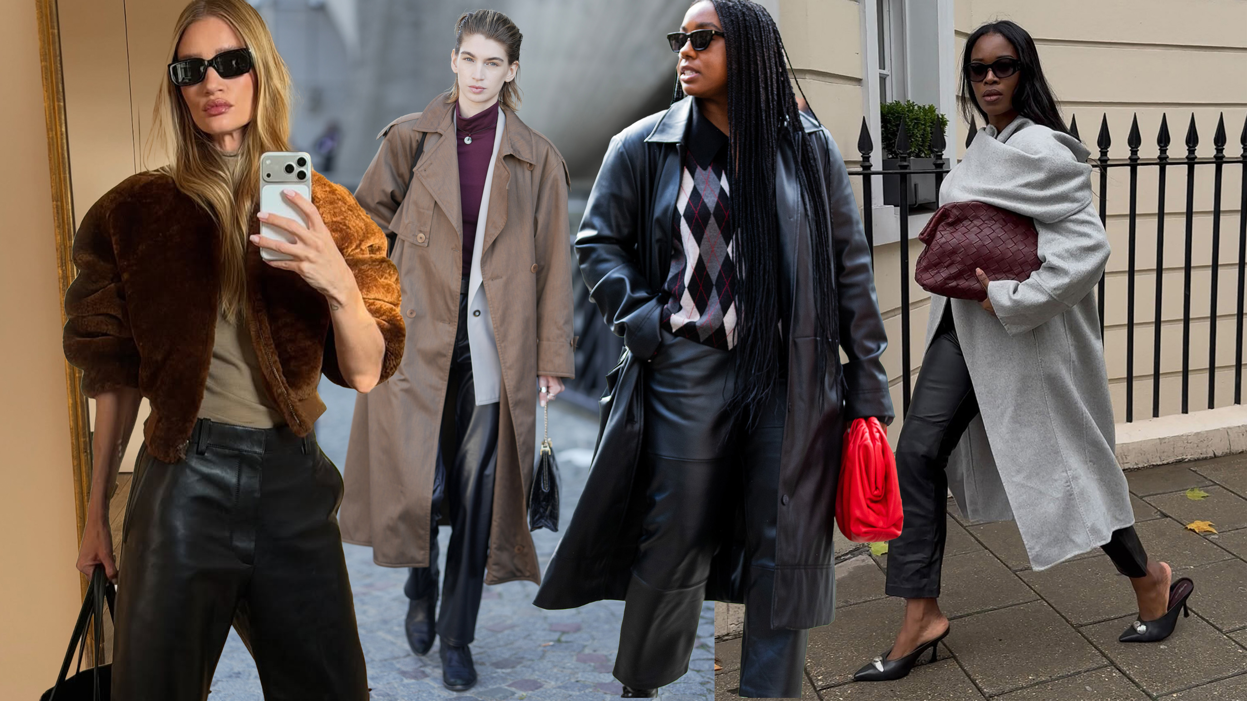 A collage of women wearing leather pants.